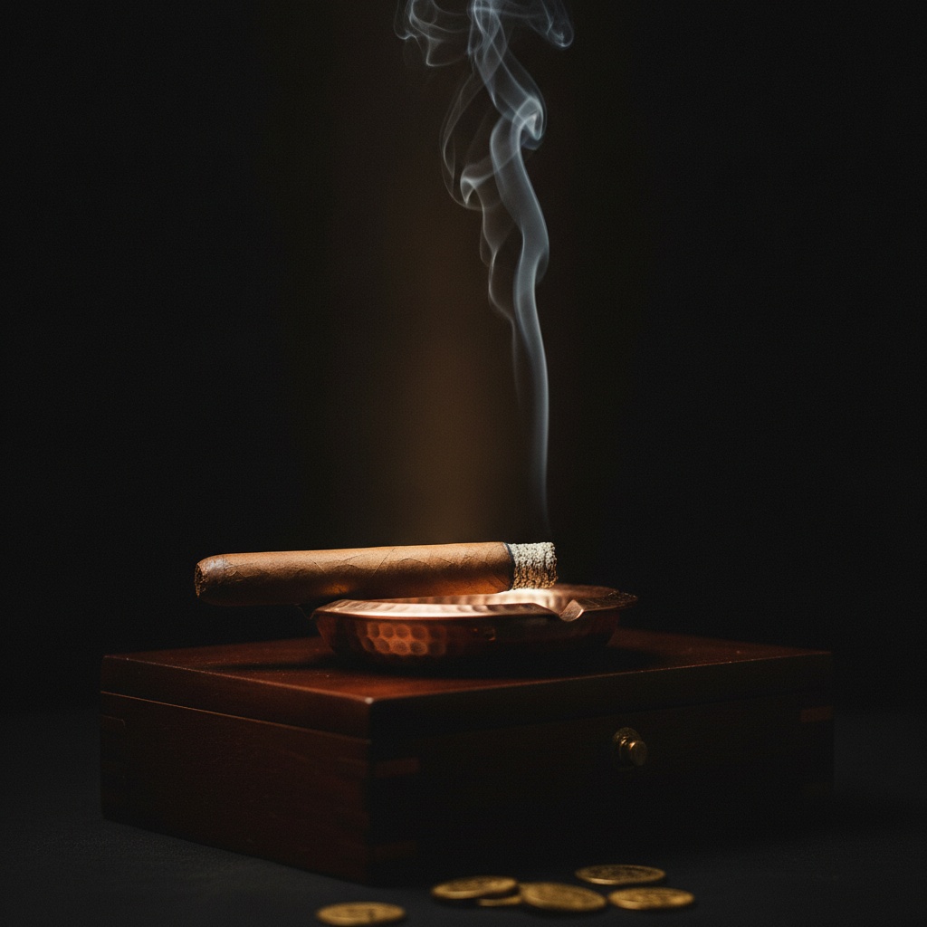 A premium cigar resting on a copper ashtray with smoke rising, gold coins scattered on a mahogany surface